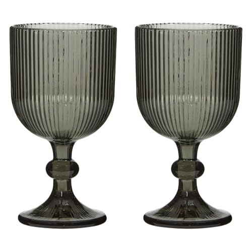 Dibor Set of 2 Grey/Black 360ml Tinted Embossed Wine Glass Goblets Alfresco Dining Glassware (DK48)