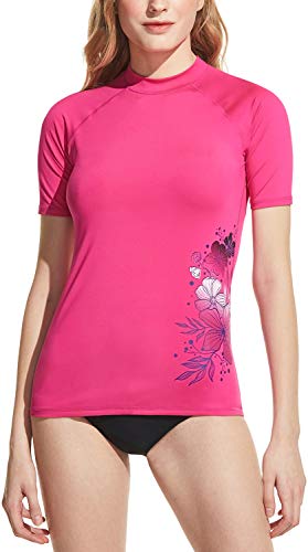 TSLA Women's UPF 50+ Rash Guard Short Sleeve, UV/SPF Surf Swim Shirts, Water Beach Swimsuit Top, Henna Print Magenta, Large