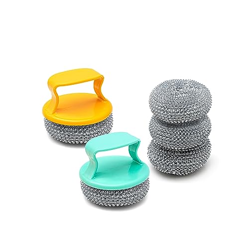 Steel Wool Scrubber - Stainless Steel Scrubbers for Cleaning Dishes - Metal Scrubber for Pots, Pans, Grills, Sink, Ovens - 5 Pcs Replaceable Metal Sponge with 2 Pcs Plastic Handle