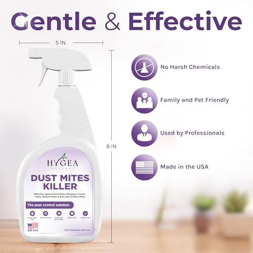 Hygea Natural Dust Mite Spray - Eliminates Dust Mites, Carpet Mites, Rodent Mites, Bird & Scabies Mites - Pet & Child Friendly - 24oz (unscented)