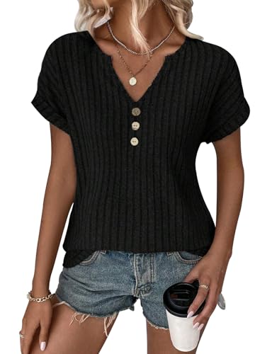 Image of LURANEE Summer Shirts for Women, Cute Casual Top Pullover Dolman Short Sleeve Soft Sweater V Neck Blouses Trendy 2025 Vacation Knit Basic Tee Black Small