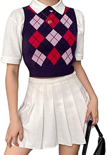 Hyipels Womens Argyle Sweater Vest Girl Y2K Crop Tops Sleeveless Streetwear Preppy Style Round Neck Knit Tank Top