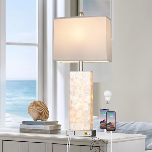 luxeflow 28" Coastal Table Lamps for Living Room, Bedside Lamps with Night Light, USB A+C Ports, Modern Sea Shell Bedside Night Stands Light for Beachy Cottage Decor (Silver 1Pack