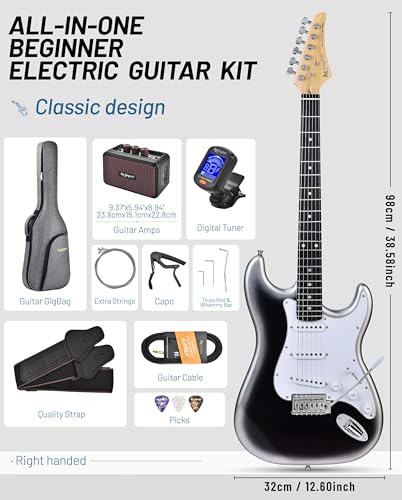 Image of Leo Jaymz Beginner Electric Guitar 39 inch Kit with Portable Amplifier, Padded Gig Bag, Digital Tuner，Capo，Strap，Picks，Classic SSS Pickups (White-Black Fade-SSS)