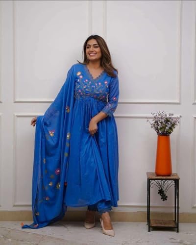 Image of Women's Cotton Embroidered Long Anarkali Kurti with pant and Dupatta Set