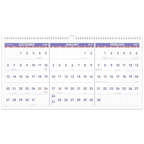 Image of AT-A-GLANCE 2027 Wall Calendar, 15-Month Dec-Feb, 24 inch x 12 inch, Horizontal 3-Month Reference (PM142827)