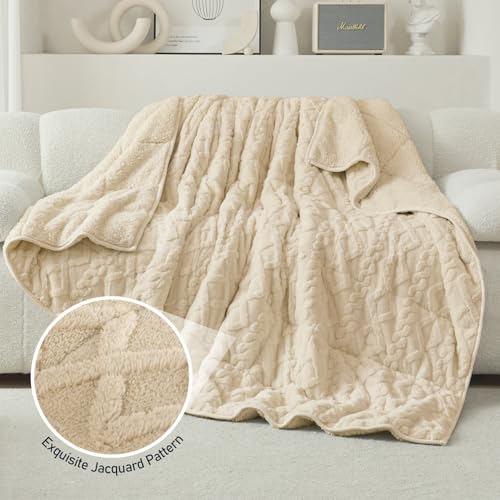Wemore Weighted Blanket for Adults Twin Size 20 lbs, Dual Sided Soft Fuzzy Jacquard Sherpa Weighted Blankets for Sleeping, Cozy Fluffy Knitted Heavy Blanket for Couch Bed, Khaki, 60 x 80 inches