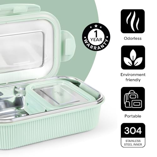 Image of Larah by BOROSIL Freshbyte Stainless Steel Lunch Box | 800 ml + 200 ml Rectangle Container Set | Airtight, Dishwasher Safe Tiffin | Portable Kids Tiffin | 1 Year Warranty (Green)