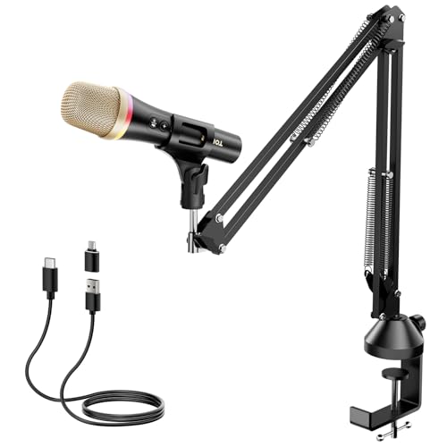 TONOR USB Dynamic Microphone for Podcast Gaming Mic with RGB for Recording, Live Streaming, YouTube, Singing, Studio, Tiktok Microfono with Quick Mute& Boom Arm Compatible with PC/Cellphone TypeC