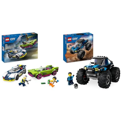 LEGO City Verfolgungsjagd mit Polizeiauto und Muscle Car, Auto-Spielezug mit 2 Rennautos & City Blauer Monstertruck, Offroad-Auto-Spielzeug, Fahrzeug-Set