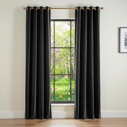 Image of Blackout Black Velvet Curtains Grommet 52x84 Inch 2 Panels | Soft Velvet, For Bedroom & Living Space, Light Shifting Texture, Elegant Drape, Classic