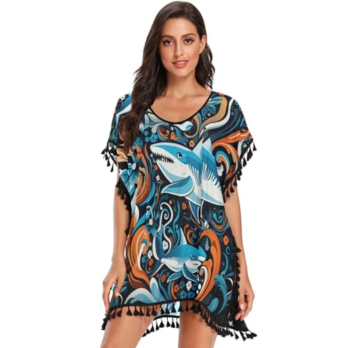 Cute Cartoon Sea Sharks Women's Beach Cover Up Chiffon Tassel Swimwear Swimsuit Coverups for Girl