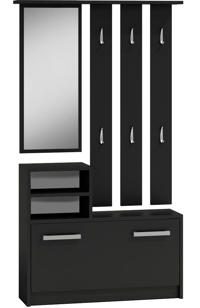 Oggi Armario de Entrada con Espejo 85x160x24 cm Perchas Zapatero Armario de Tablero Laminado de 16 mm Diseño Moderno Minimalista Moderno Negro