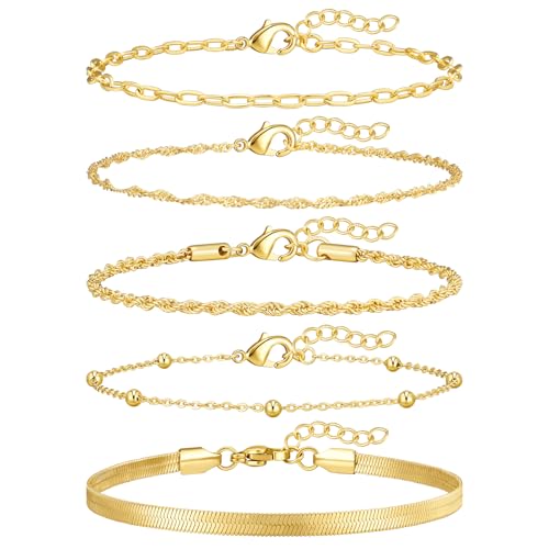 Image of adoyi Gold Bracelets for Women, 14K Gold Plated Stackable Bracelet Stack Set Adjustable Charm Paperclip Chain Cuban Link Layered Waterproof Jewelry Sets Gifts for Womens 6.5 Inch
