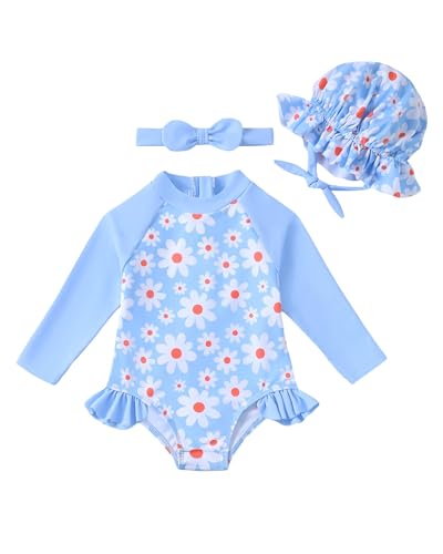 Image of SODLON Baby Girl Swimsuit Long Sleeve One-Piece Infant Bathing Suit 3M-3T