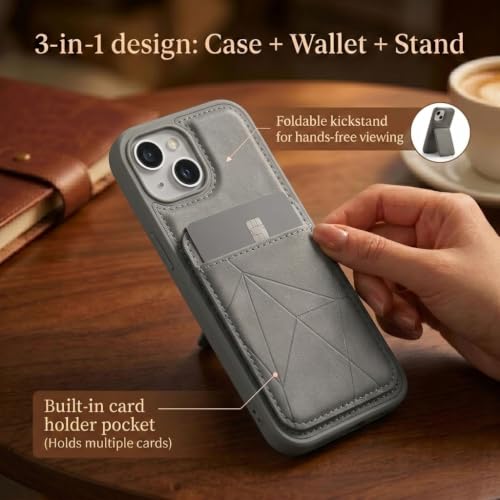 Image of amazon basics Premium Vegan Leather Back Cover with Card Holder and Integrated Mobile Stand for iPhone 15 - Slim Shockproof Wallet Case with Geometric Stitching [Gray]