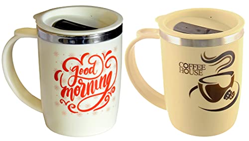 Image of Kuber Industries Insulated BPA Free Plastic Coffee Mug with Lid Pack of 2 (Cream & Coffee)