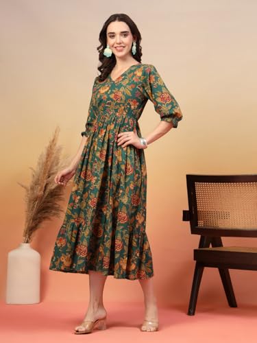 Image of COTLAND Fashions Jaipuri Cotton Printed A-Line Flared Dress for Women