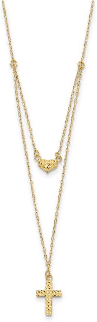 JewelryWeb 0.6mm 14k Solid Yellow Gold Polished 2-strand Sparkle-Cut Religious Faith Cross And Love Heart With 2in. Ext. Necklace 16 Inch Strand Necklace for Women