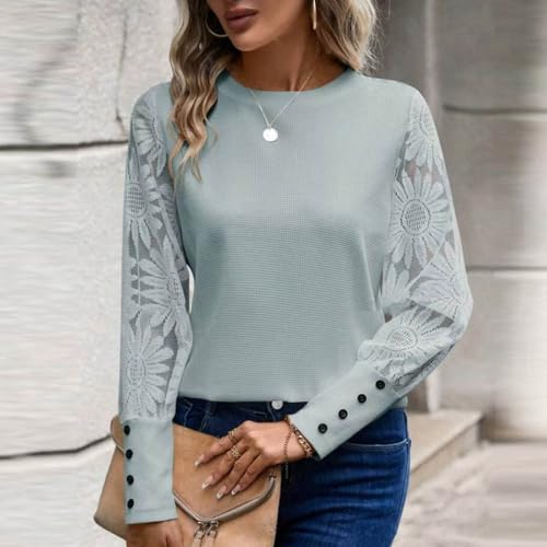 Waffle Knit Tops for Women Sunflower Lace Mesh Long Sleeve Sweater Crewneck Pullover Tee Shirt Lightweight Blouse4