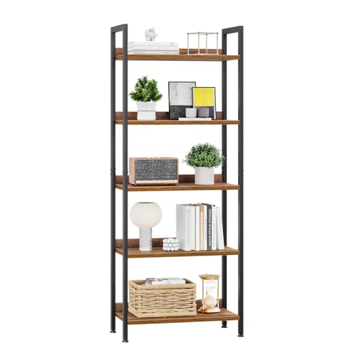 APPOLYN 5 Tier Bookshelf, Open-shelf Bookcase with Backboard, Rustic Brown