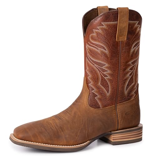 Men’s Western Cowboy Boots, Fashionable Embroidered Full Grain Leather, Square Toe Pull-On, 4-Layer Composite Sole, Slip-Resistant Work & Riding Boots(PLT103611)