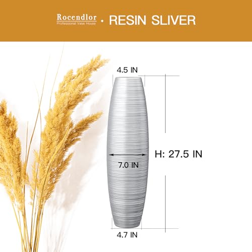 Image of Tall Floor Vase, 27.5 inches (70cm, 2.3FT) Tall Vases Sturdy, Luxury, Textured for Decorative Branches Dried Flowers, Floor Vase for Rustic Living Room, Modern Decor, Resin Silver Vases