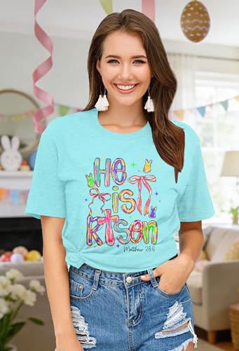 Image of Ithalt Easter Shirts for Women He is Risen Tshirt Easter Christian T-Shirt Jesus Lover Short Sleeve Tops