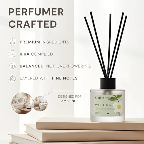 Image of Soul & Scents 50ml White Tea Reed Diffuser Set | Refreshing Aroma of White Florals & Sea Breeze | Get 5 Rattan Reed Sticks | Smoke Less Room Freshener for Home, Bedroom, Living Room & Office