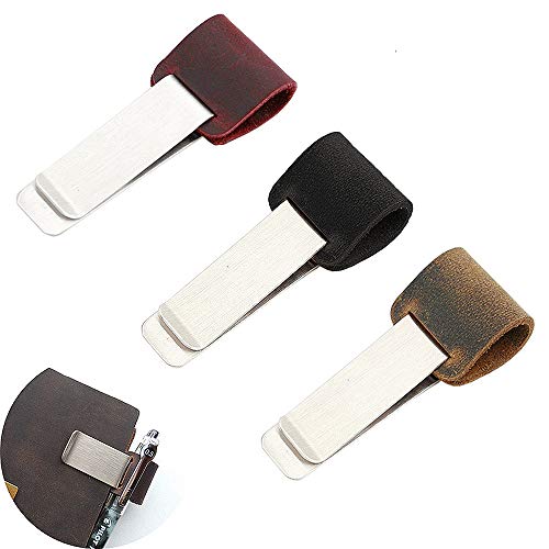Jurxy 3 PCS Pen Loop para Notebook Diario de cuero retro del viajero Porta Lápices Cuaderno Marcador con clip de metal de acero inoxidable - Talla pequeña- Negro Marrón Oscuro Rojo