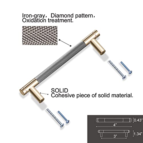 Gutuwellea 12 Pack 3 Inch 76 mm Knurled Cabinet Handles Cabinet Pulls Aluminum Handles Knurled Drawer Pulls Gold and Grey Oxidation Finish with Diamond Pattern 4" Length (3" Hole Center) - Image 3