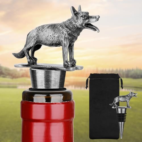 LKKCHER German Shepherd Wine Stopper, Border Collie Decorative Gifts for Dog Lovers Women Men, Shepherd Dog Gifts, Birthday Fathers Day Christmas Gifts for Women Men, Silver Dog Wine Saver with Bag