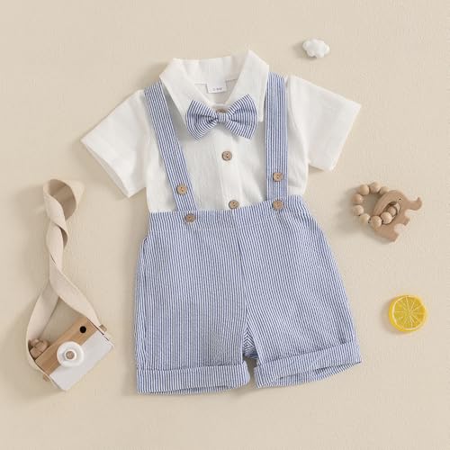 Baby Boy Gentleman Short Sleeve Lapel Neck Romper with Stripe Suspender Shorts and Bowtie3