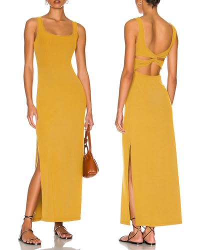 Image of ALENDA DANMOS Women Backless Maxi Dress High Sides Slit Bodycon Tank Dress Twist Low Back Casual Sundress 122