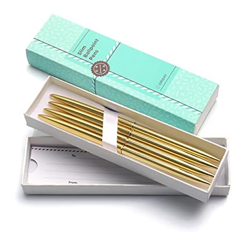Oriday Chrome Ballpoint Slim Pens Set of 4 - Lightweight Metal Ball Point Pen in Black Ink Gift Box for Wedding, Student Gift, Bridal Shower (Gold, Black Ink) Cover