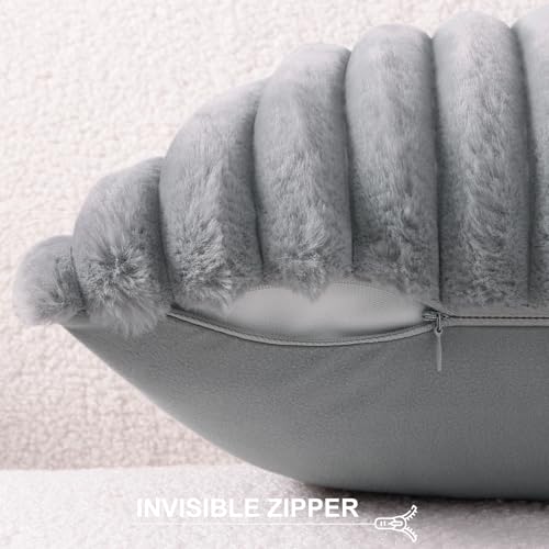 Pallene Faux Fur Plush Throw Pillow Covers 22x22 Set of 2, Luxury Soft Fluffy Striped Decorative Pillow Covers for Sofa, Couch, Living Room, Grey