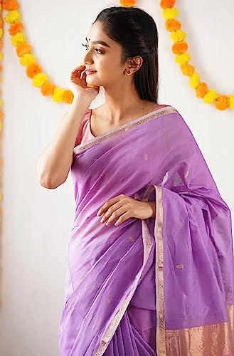 Image of SGF11 Women's Kanjivaram Soft Cotton Linen Silk Saree With Blouse Piece (Purple Peach)