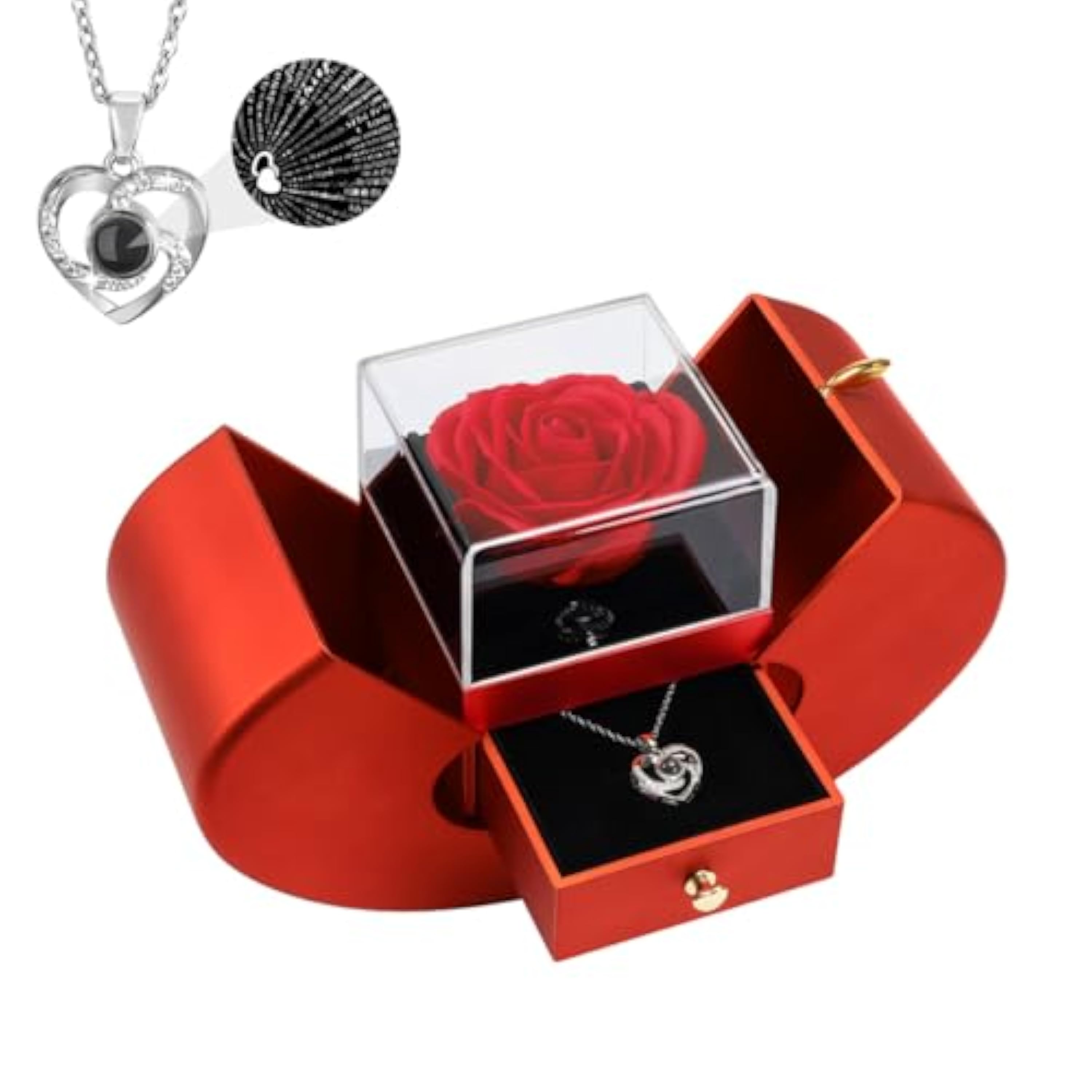 Emibele Flor Rosa Real Encantada + Collar de Corazón con Te Amo en 100 Idiomas, Rosa Preservada Eterna con Collar Caja de Regalo, Regalo Romántico para Novia Esposa en San Valentín Aniversario, Rojo