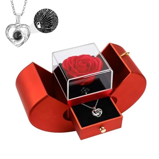 Emibele Flor Rosa Real Encantada + Collar de Corazón con Te Amo en 100 Idiomas, Rosa Preservada Eterna con Collar Caja de Regalo, Regalo Romántico para Novia Esposa en San Valentín Aniversario, Rojo | Ya disponible en tu tienda friki favorita! En mundofriki.es!