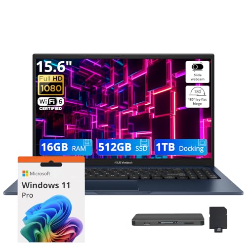 Image of ASUS Vivobook 15.6 inch FHD Business Laptop, Intel Core 3 100U, 16GB DDR5, 1.5TB Storage (512GB SSD + 1TB Docking Station Set), Intel Graphics, Number Pad, 720p Webcam, Wi-Fi 6, Win 11 Pro, Quiet Blue