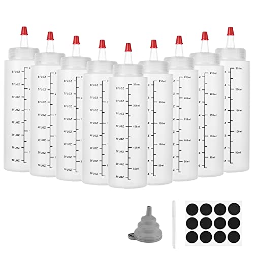 Miorkly 10 pcs 250ml Bouteille a Sauce Plastique, avec Bouchon Rouge Anti-fuite, Entonnoir, Stylo non Effaçable et Papier D'étiquetage, Huile D'olive Ketchup Moutarde Distributeurs