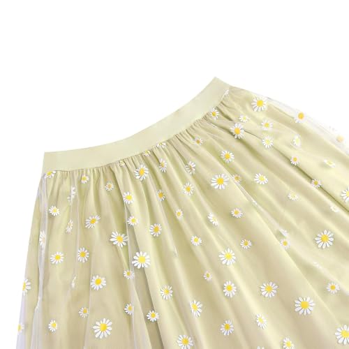 Womens Midi Tulle Skirt Daisy Embroidery Floral Layered Elastic High Waist Tutu Skirt Mesh A Line Fairy Skirts3