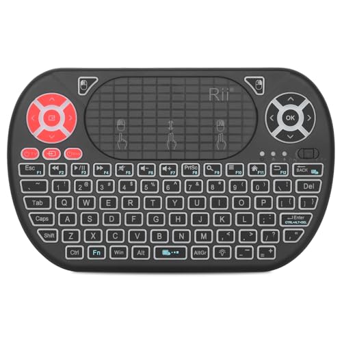 Rii Conjunto de mini teclado sem fio com luz de fundo, touchpad e mouse com aprendizado infravermelho, bateria de íon de lítio recarregável de 2,4 G, teclado portátil para Android TV Box, Smart TV, PC