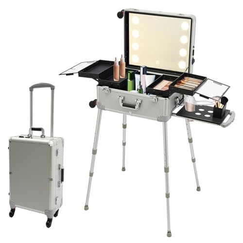VonVVer Maletín de maquillaje con 8 luces – Maletín grande con espejo para maquillaje con altura de pierna ajustable con ruedas, plata, Produkthöhe: 138cm, Con espejo