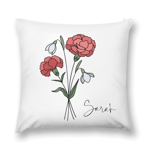 Custom Birth Flower Pillow Cover with Name, Personalized Floral Throw Cushion Cover, 18"x18" Square Pillowcases, Birthday Gifts for Her, Mom, JAN_Snowdrop, Carnation