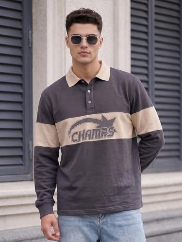 Image of Veirdo Men's Loopknit Cotton Oversized Baggy Fit | Full Sleeve Polo T-Shirt | Casual Streetwear with Ribbed Cuffs Travel | Sizes: S to XXL
