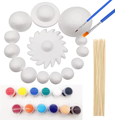 Huimai Kit de sistema solar para crianças com 14 bolas de espuma, 12 varetas de bambu, 12 pigmentos coloridos, 2 pincéis de pintura para sistema solar, ensino de astronomia e projetos escolares