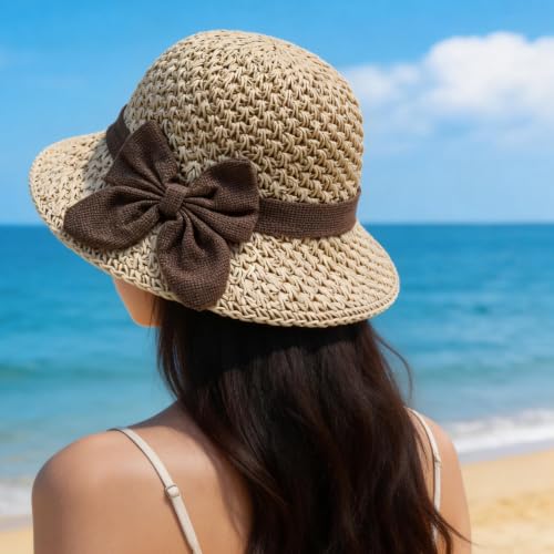 Sombrero de paja tejido a mano con moño para mujer miniatura 2