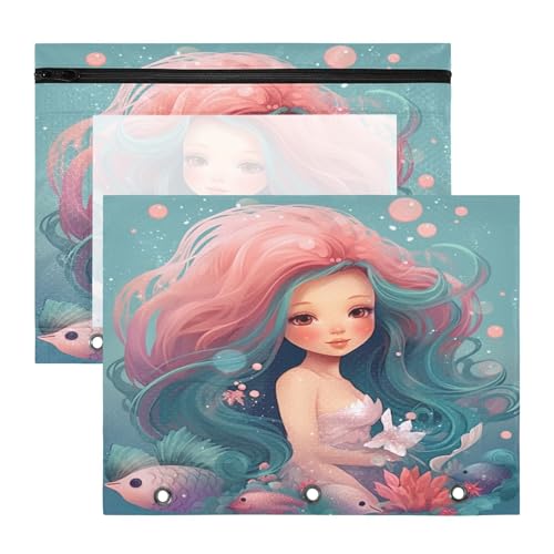 Blueangle Bolsa de lápis havaiana sereia para fichário de 3 anéis, 2 pacotes com bolsa de lápis com janela transparente para documentos com zíper para escritório (643)