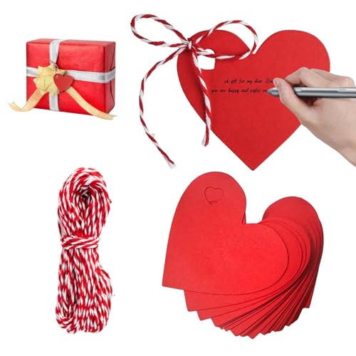 50 Pcs Heart Shaped Kraft Paper, Heart Blank Gift Tags Red Love Label with 10 Metres of Red and White Hemp Rope for DIY Crafts Decoration Wedding Valentine's Day Tags for Arts Craft Luggage Label
